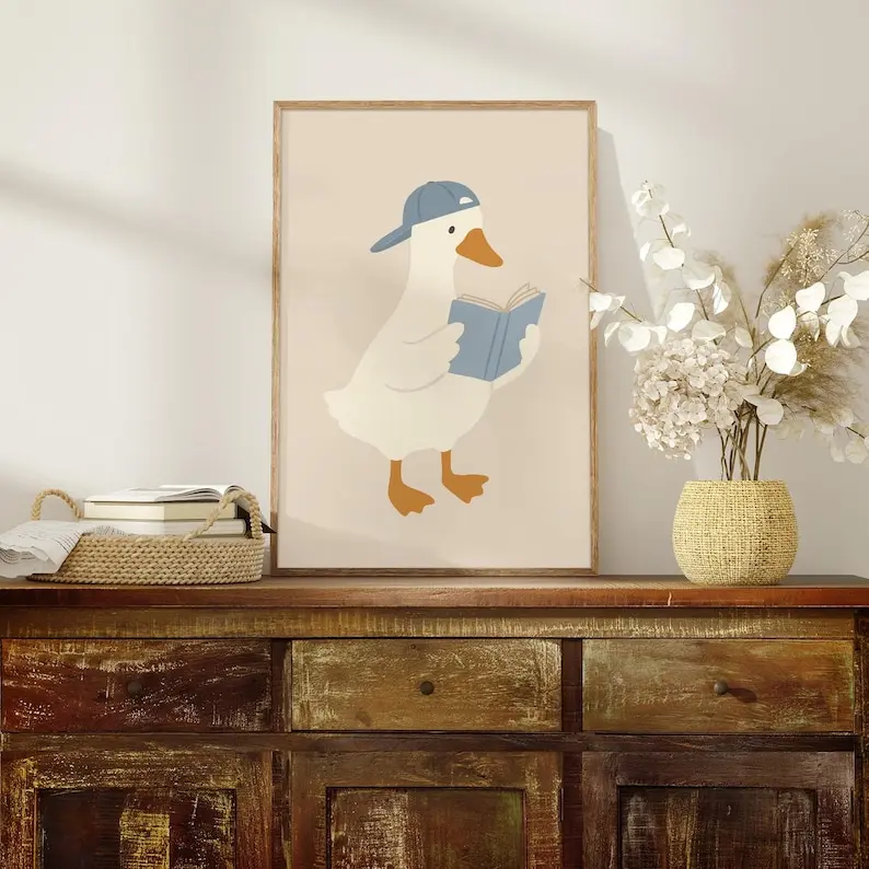 Silly Goose Print, Silly Goose Wall Art Print, Boy Nursery Decor, Toddler Boy Art, Farm Animal, Goose Reading, Cottage Core Decor