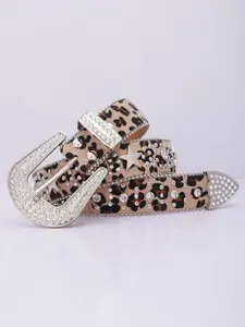 Unisex Camel Leopard Print Bling Water Drill Star Decor Alloy Buckle Belt, Punk Rock Style for Parties, Jeans, Dresses, Valentine's Gift