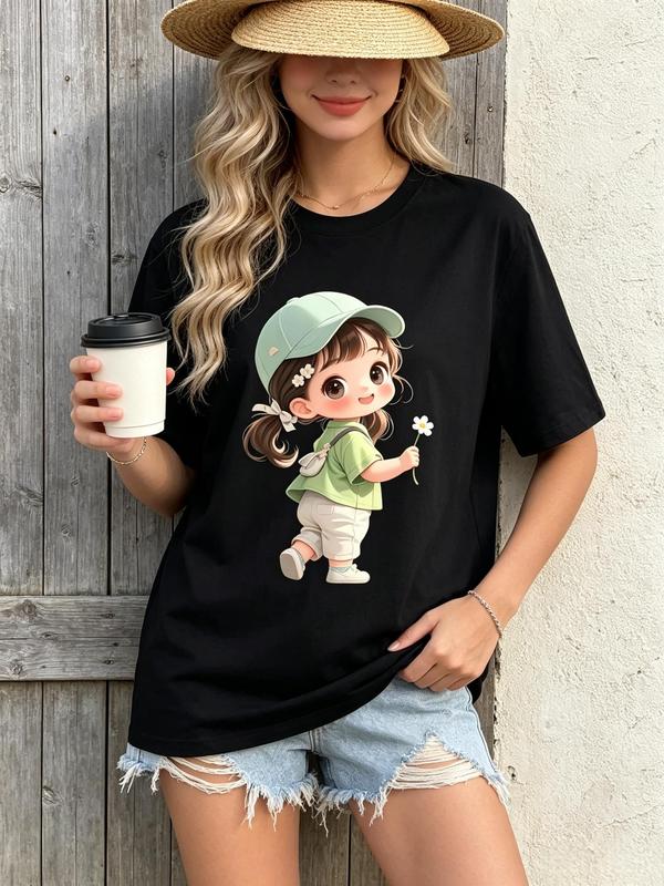 Women's Pure Cotton Fitted Short-Sleeve Forest Green Crew Neck T-Shirt - Lightweight Tops for Women, Viral TikTok Soft Girl Style, Sweet Chibi Print Daisy Girl Graphic, Casual Spring Vacation Wear, Sohochic