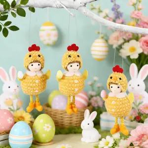 Easter Chick Hat Girl Holding Colorful Egg Ornament, Cute Forest Style Handmade Craft, Plush 3D Decoration, Easter Gift Mother's Day Present