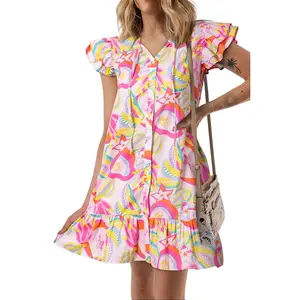 Pink Abstract Floral Ruffle Trim Flutter Sleeve Buttoned Dress with V-neckline for a Stylish Look - Casual Womenswear