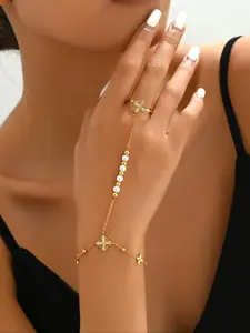 Mother's Day Gift Women's Elegant Faux Pearl & Flower Decorated Link Bracelet, Fashion Cute Jewelry for Party, Daily Clothing Decor, Trendy Exquisite Jewelry for Birthday Gift, Rhinestone Bracelet