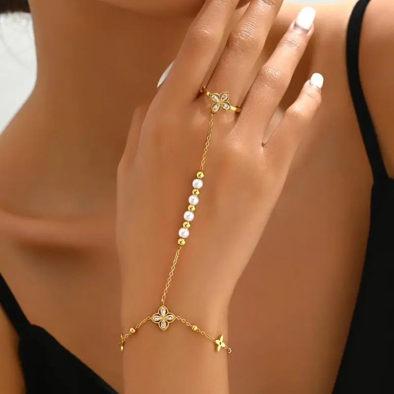 Mother's Day Gift Women's Elegant Faux Pearl & Flower Decorated Link Bracelet, Fashion Cute Jewelry for Party, Daily Clothing Decor, Trendy Exquisite Jewelry for Birthday Gift, Rhinestone Bracelet, Fashionable Bracelet, Fashionable Bracelet Style