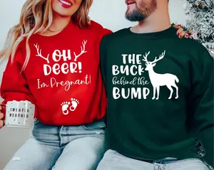 Couple Christmas Pregnancy Announcement Sweatshirt, Parent Matching, Family Christmas Maternity, Oh Deer I am Pregnant, Buck Behind the Bump