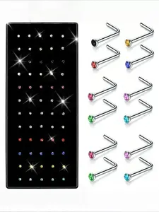60pcs Boho Chic Nose Studs | Stainless Steel L-Shaped Punk Style Nose Rings Set with Colorful Synthetic Zirconia Accents, Elegant Body Piercing Jewelry for Women, Perfect for Daily Wear or Gifting, Nose Jewelry, Giftready Accessories, Minimalist Design