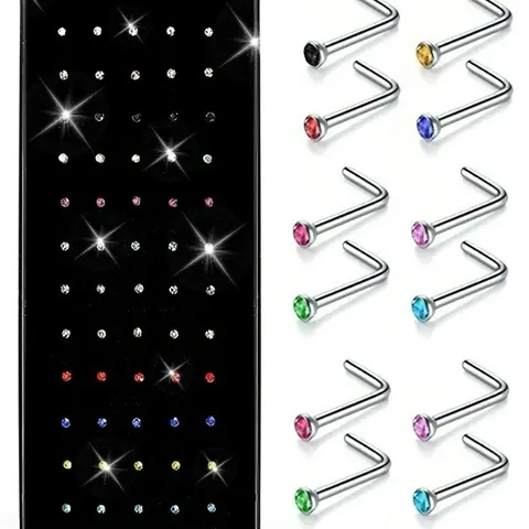 60pcs Boho Chic Nose Studs | Stainless Steel L-Shaped Punk Style Nose Rings Set with Colorful Synthetic Zirconia Accents, Body Piercing Jewelry for Women, Piercings Jewelry, Perfect for Daily Wear or Gifting, Giftready Accessories, Minimalist Design