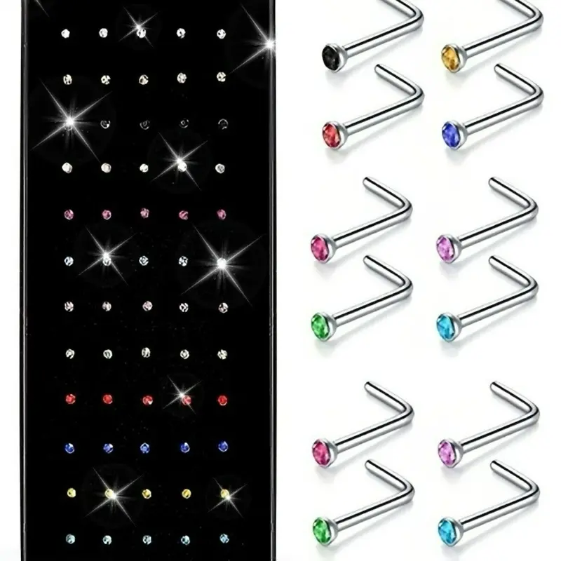 60pcs Boho Chic Nose Studs | Stainless Steel L-Shaped Punk Style Nose Rings Set with Colorful Synthetic Zirconia Accents, Body Piercing Jewelry for Women, Piercings Jewelry, Perfect for Daily Wear or Gifting, Giftready Accessories, Minimalist Design