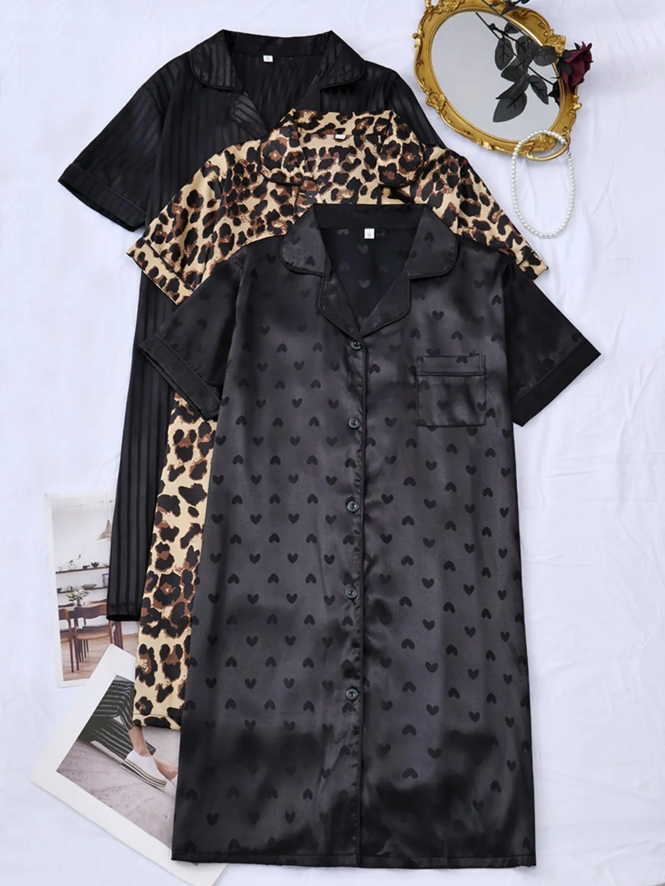 Women's Sexy Chic Sleep Dress, Leopard Print Heart Striped Short Sleeve Nightgown, Button Front Collar Dress, Elegant Slim Fit All-Season Pajamas, Loungewear, Casual, Nightwear, Heart Print Sleepwear