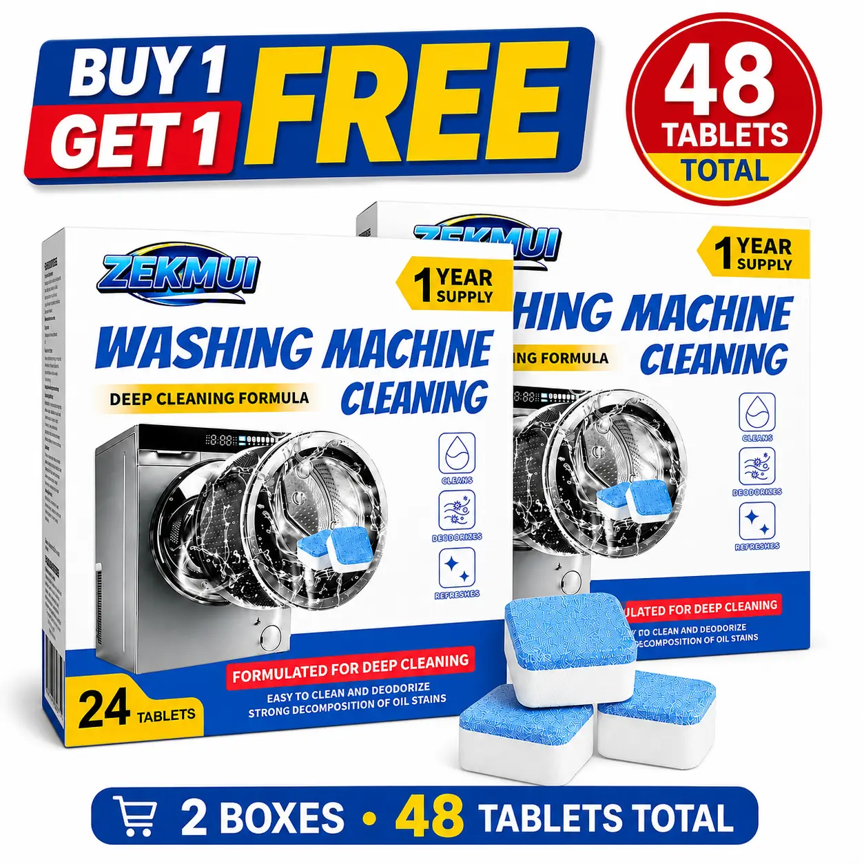【Buy 1 Get 1】48 Count ZEKMUI Washing Machine Cleaner Tablets,, HE Front & Top Load Washer Cleaner
