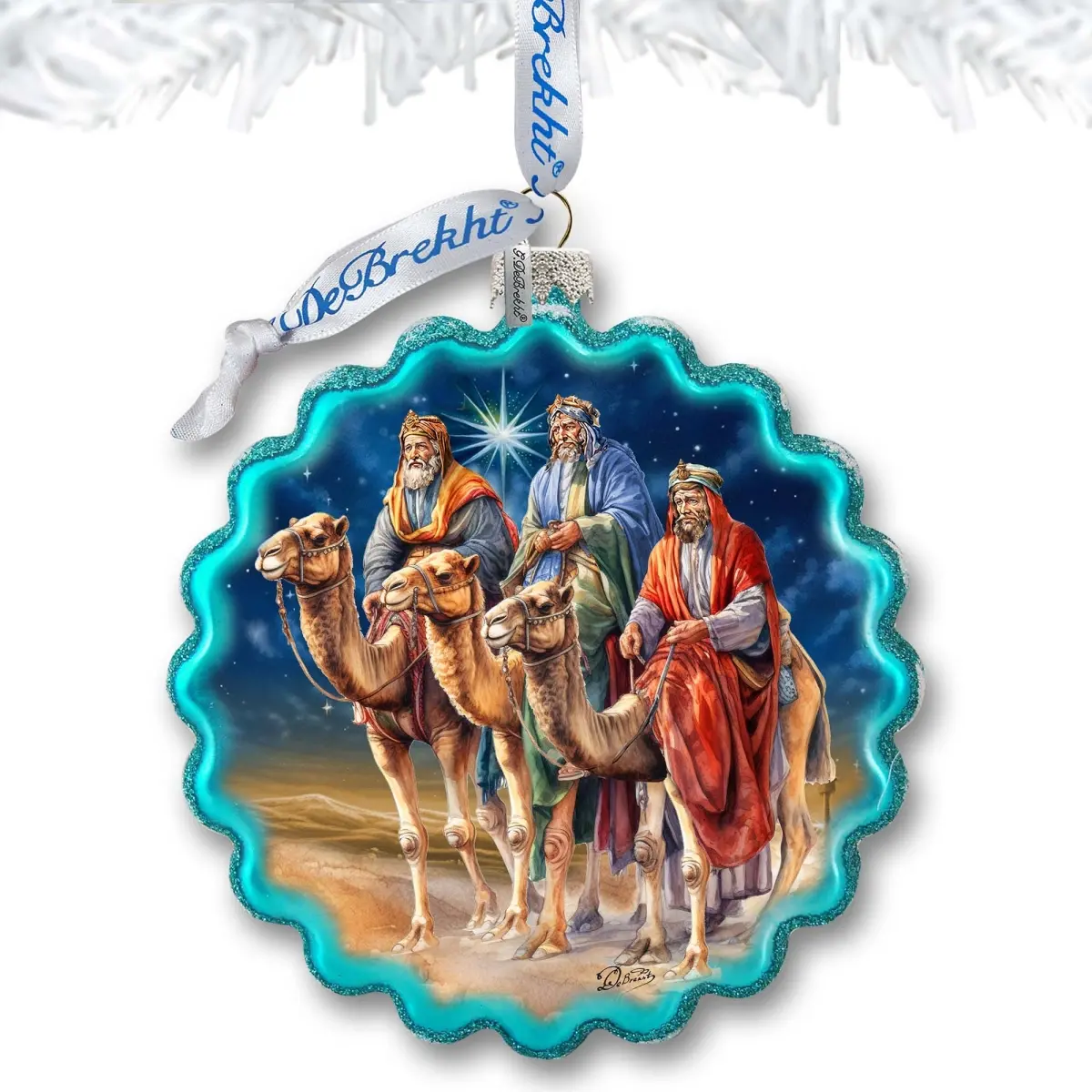 Designocracy 759-046 4 x 3 in. Three Kings Wreath Glass Ornament Nativity Holiday Decor