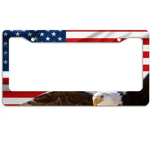 Eagle American Flag Stainless Steel - Round-Hole License Plate Frame | Alumina, Funny, 2-Hole, 12 x 6 Inch | Car Accessories Number Plates
