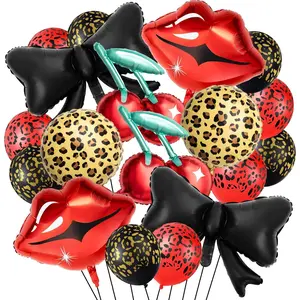 Realspring 18 Pcs Red and Black Party Kit 12 Leopard Cheetah Print Birthday Balloons Cherry Cheetah Red Lips Black Bow Foil Balloons for Kiss the Miss Goodbye Retro Party