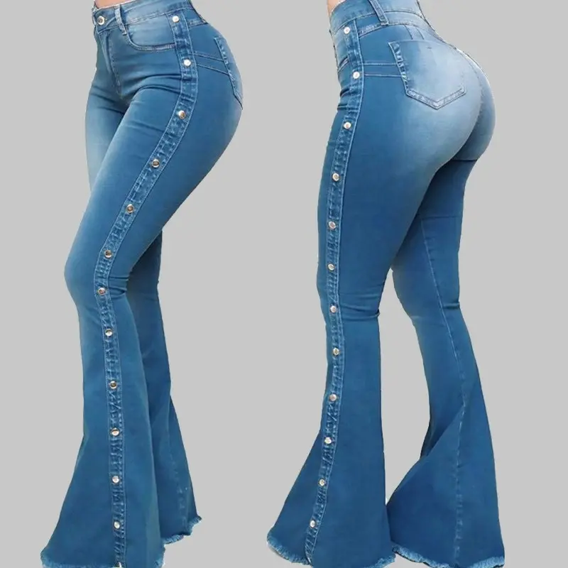 Women's High-Waisted Stretch Denim Flared Floor-Length Jeans - Button-Front Butt Lifting Curvy Fit Sculpting Body-Shaping Bottom Pants for Streetwear, Flared Jeans, Butt Lifting Jeans