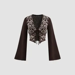 Cider [size 2-10] Knit V-neck Leopard Bowknot Crop Long Sleeve Top