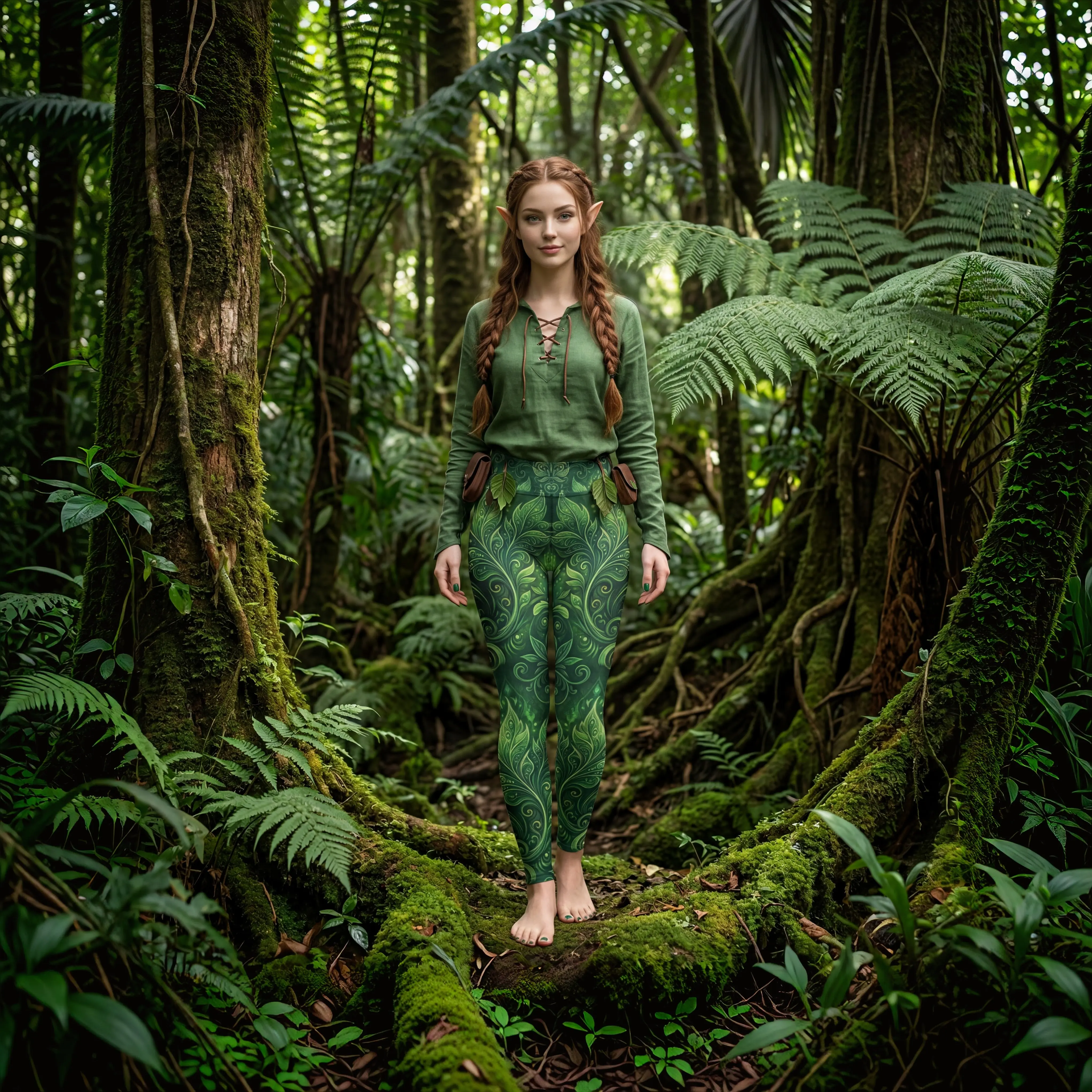 Forest Elf Yoga Leggings | Magical Green Leaves | High-Waisted Activewear