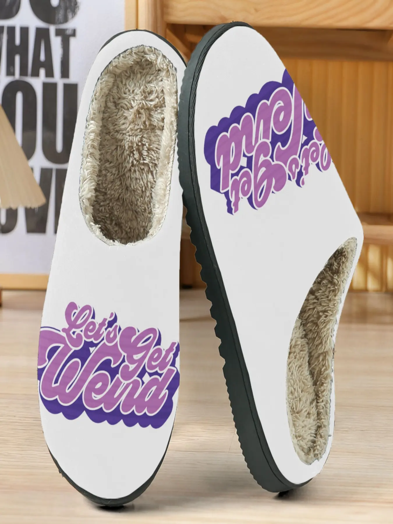 Vintage Style Cotton Slippers, Base Artistic Font Design, Plush Lining Warm, Casual Homewear for Trendy Individuals