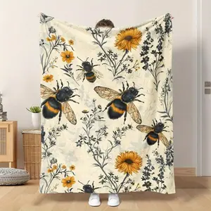 Bee And Wildflower Themed Flannel Throw Blanket - 100% Polyester Knitted Quilted Blanket With Digital Print - All Season Cozy Bedding Perfect For Napping, Camping, Travel - Ideal Gift For Friends And Family, Cozy Flannel Blanket