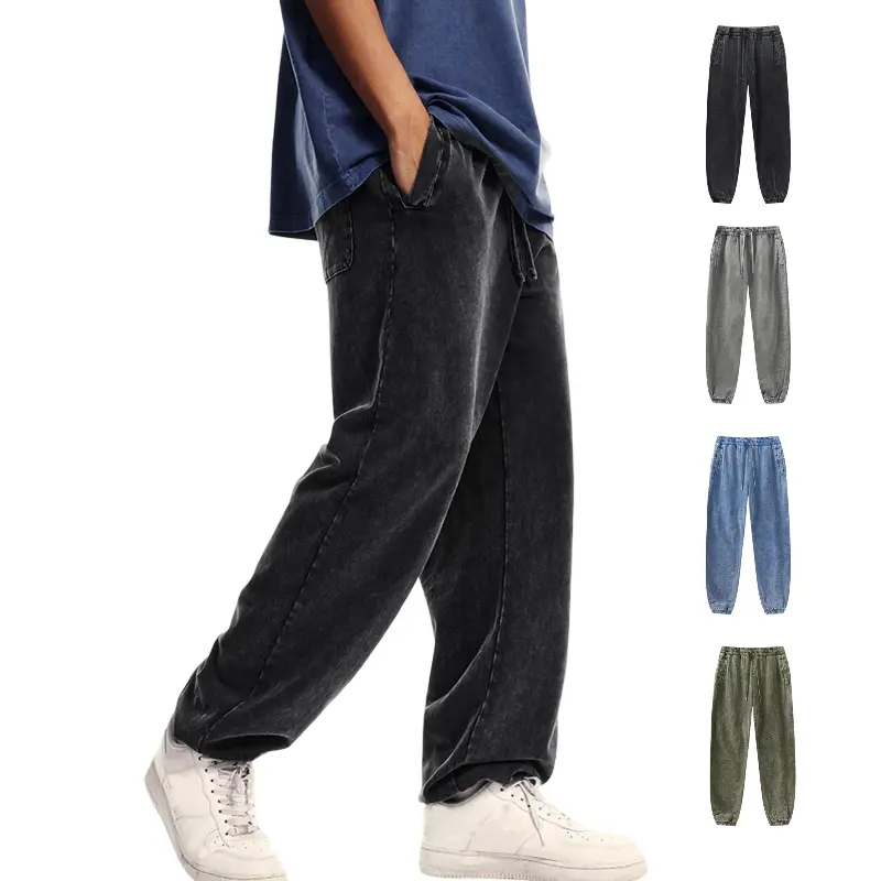 Gihuo Men's 100% Cotton Washed Joggers Vintage Acid Wash Sweatpants Baggy Loose Fit Elastic Waist Drawstring Cuffed Pants with Side & Back Pockets