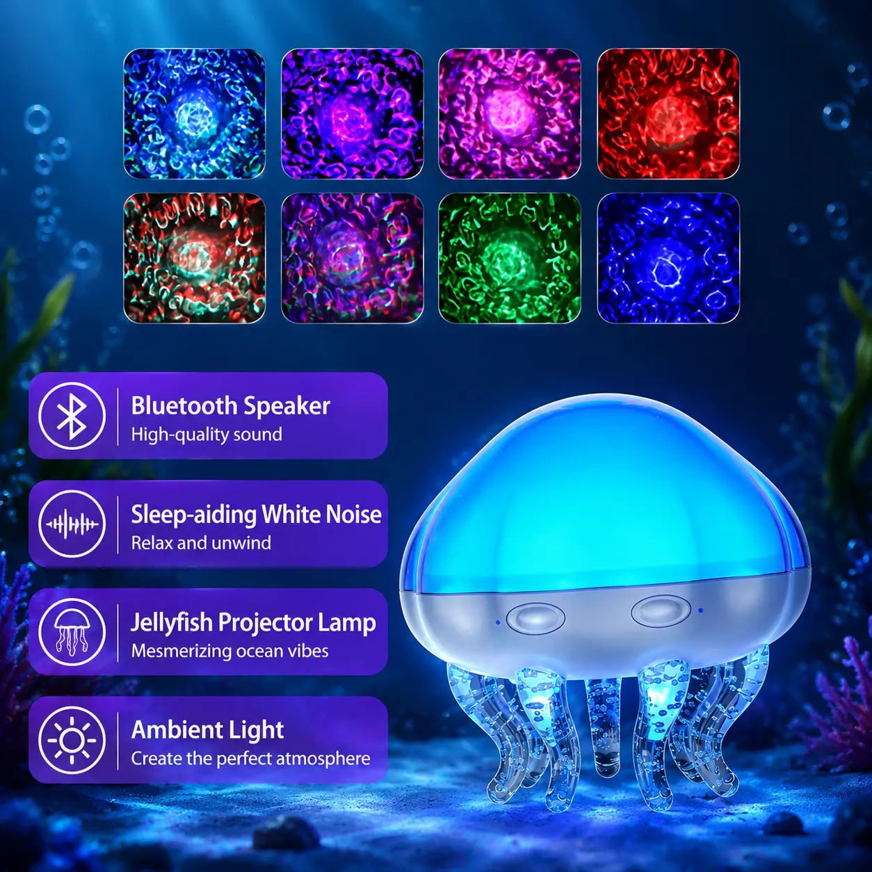 4-in-1 multifunctional Bluetooth speaker with 8 types of white noise, ocean waves and jellyfish projection lights, comes with remote control and automatic timer, 8-color ambient night light for the bedroom, USB powered, perfect for parties