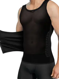 Sporty Men's Plain Adjustable Hooks Round Neck Sheer Sports Vest, Breathable Quick Drying Sports Compression Tank Top, Running Vest, Tummy Control Shaper for Men, Compression Vest