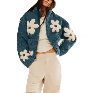 Women's Floral Printed Plush Fleece Suede Long Sleeve Outerwear Jacket - Stylish Zippered Clothes with Pockets, Casual Day & Everyday Streetwear Tops & Coats