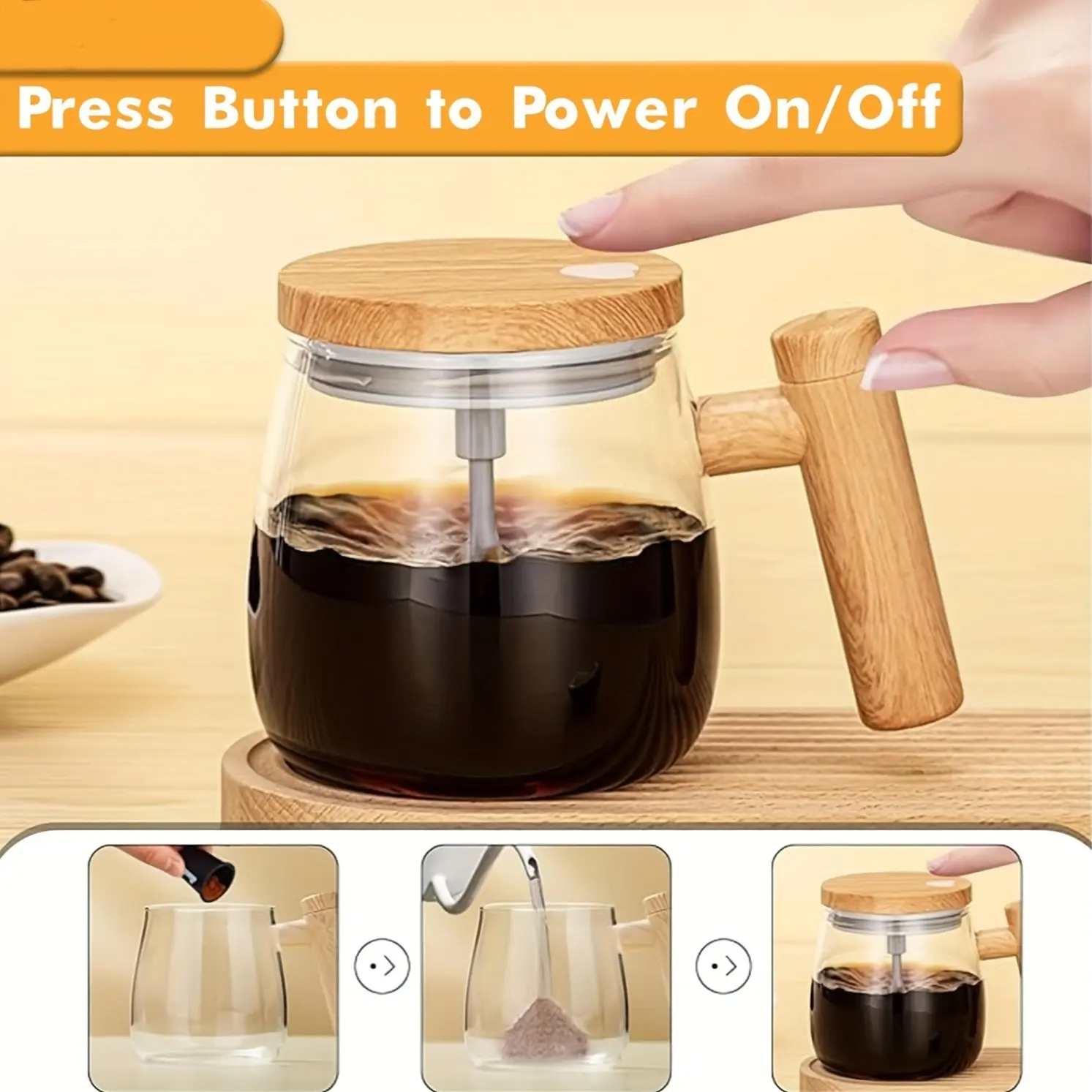 1 Pack 13.53oz Electric Stirring Cup Mug, High Borosilicate Glass with Wood Handle, Ideal for Coffee Milk Protein Powder Home Office Travel Gift Drinkware Travel Coffee Mugs, Glass Coffee Cups