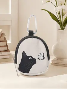 Cat Pattern Printed Mini Wallet, Lightweight Zipper Coin Purse with Hook Clip, Earphone Key Bag, Unisex Casual Style, All Seasons