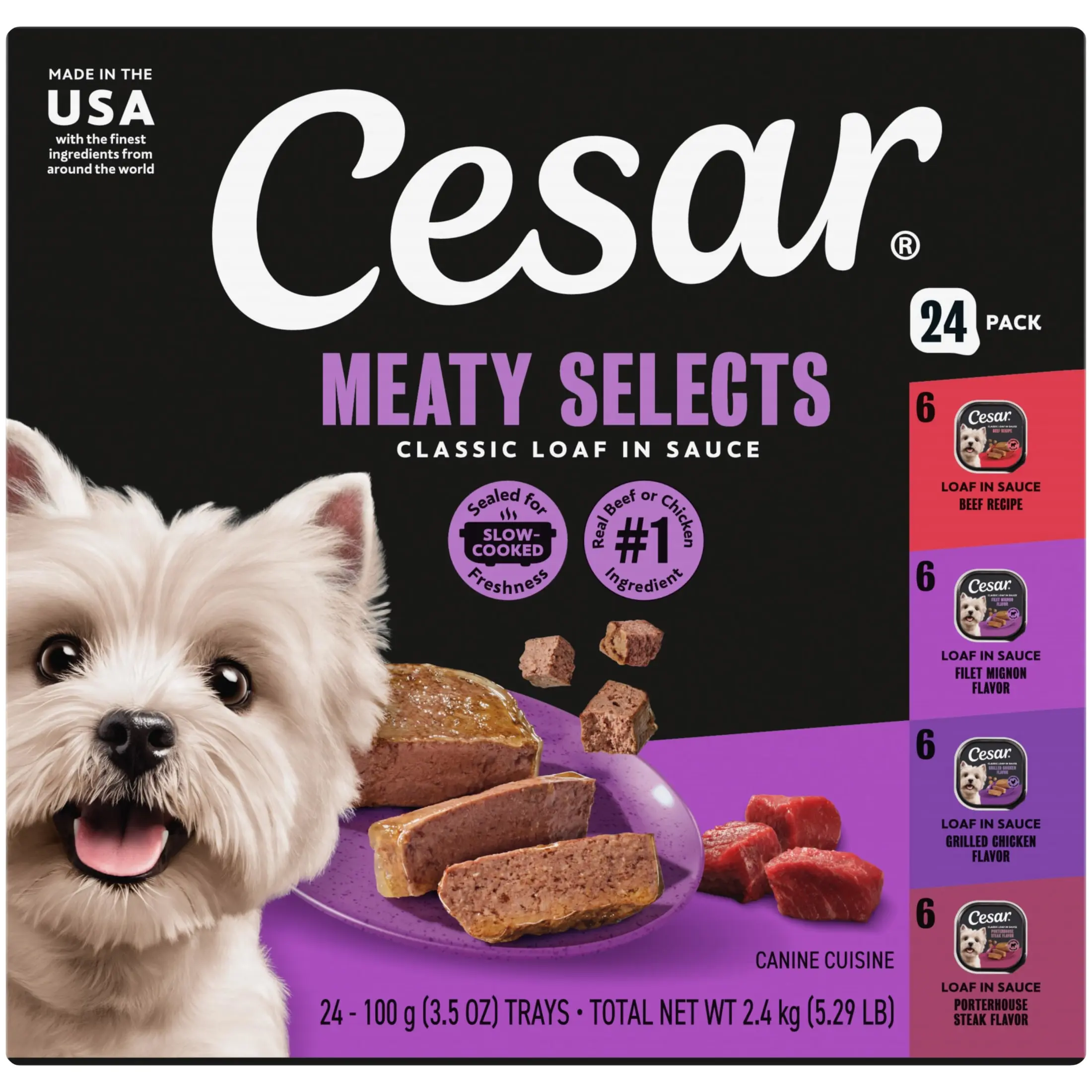 Cesar Classic Loaf In Sauce Adult Wet Dog Food Variety Pack For Daily Feeding Meal Beef Chicken 3.5 Oz Trays 24 Ct