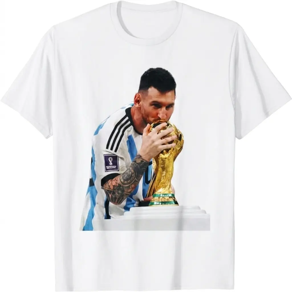 Messi Championship T-shirt - Legendary Kissing Trophy Pattern Men's T-shirt - Black Upper Clothing Design