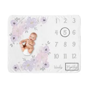 Sweet Jojo Designs Watercolor Floral Girl Milestone Blanket Monthly Newborn First Year Growth Mat Baby Shower Memory Keepsake Gift Picture - Lavender Purple, Pink and Grey Boho Shabby Chic Rose Flower