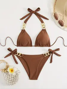 Women's Solid Color Chian Decor Bikini Set, Casual Fashion Swim Bra & Swim Panty Swimsuit Set, Ladies Swimwear for Beach Holiday Vacation, Bathing Suits, Bikinis Sets