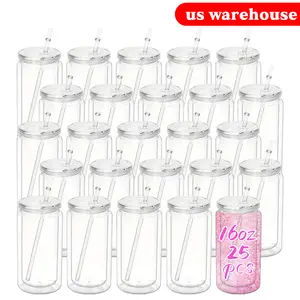 16 Oz Acrylic Snow globe Global Plastic Can Double-Walled Tumbler, 25 Pack Double Wall Plastic Clear Cup Beer Can, Plastic Mason Jar with Clear Lid topper Reusable water bottle Bottle Shaped Drinkware Portable Bottled Washable Glass Mug wrap Straw