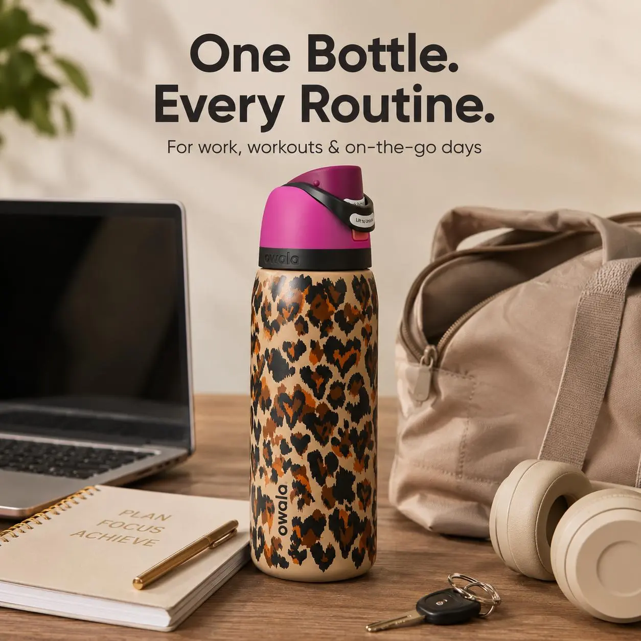 Owala FreeSip Limited Edition Wild at Heart Leopard Print Dark Pink & Purple Lid Water Bottle