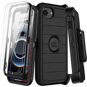 for iPhone 16e Case with Belt Clip Holster,Screen Protector X2,Heavy Duty Shockproof Drop Protection Military Grade 3 Layers Full Covered Rugged Durable Phone Cover for Apple 16e (Black)