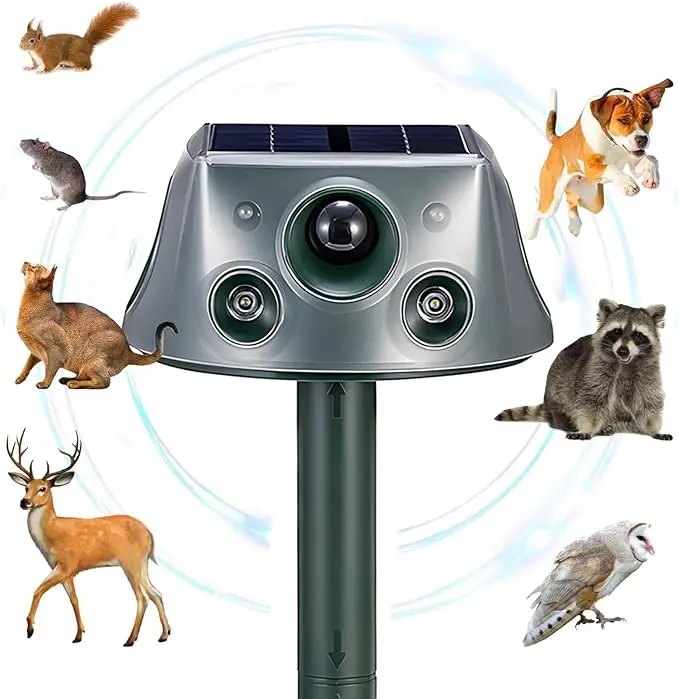 Ultrasonic Solar Animal Repeller for Yard, 6 Modes Outdoor Animal Repellent with PIR Motion Sensor & Flashing Light, Animals Deterrent for Squirrel Bi