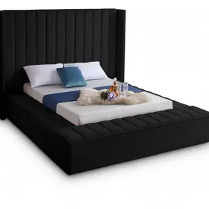 Meridian Furniture Bliss Collection Modern | Contemporary Velvet Upholstered Bed with Deep Button Tufting and Storage Compartments in Rails and Footboard, Black, King