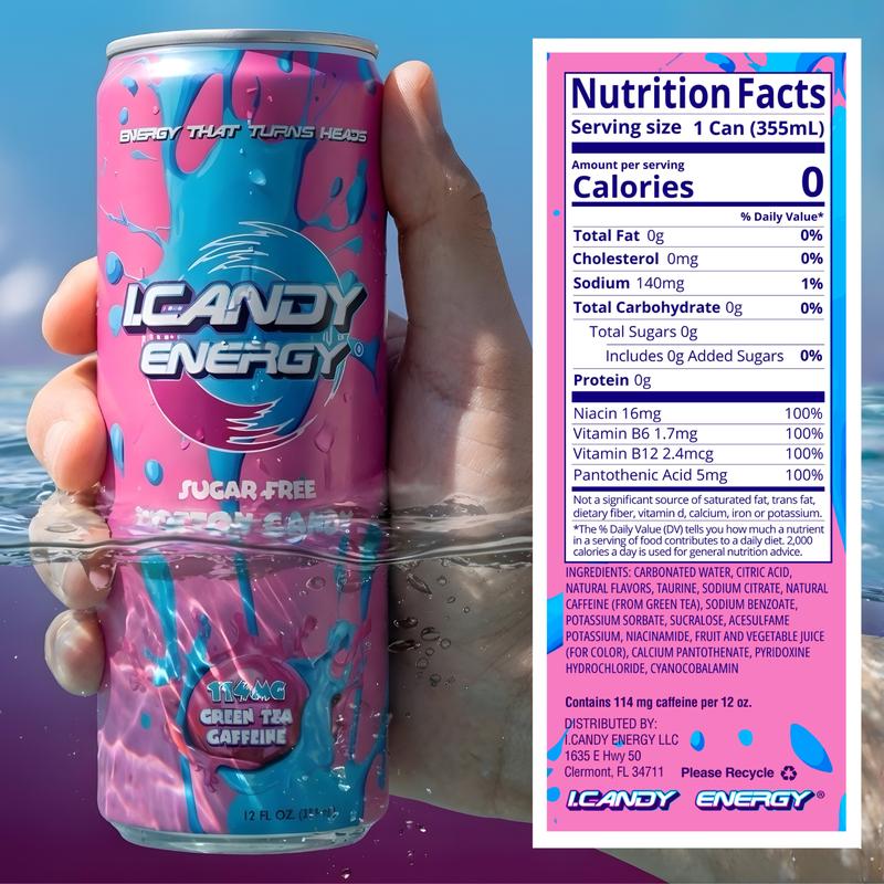 I.CANDY Energy Drink Sugar Free Cotton Candy Flavor Caffeine Infused 4-Pack 12 Fl Oz Perfect for Hustle Grind & Party Natural Caffeine from Green Tea Beverage