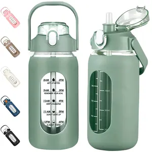 50.07 oz /1.5Litre Glass Water Bottles with Straw Time Marker Half Gallon Large Motivational Water Bottle with Silicone Sleeve