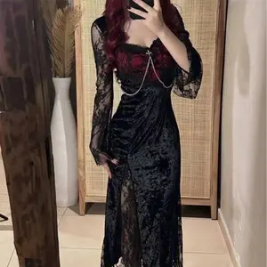 Summer Gothic Grunge Y2k Lace Dress Women Dark Academia Sexy Slim Party Dresses Korean Fashion Design Festival Long Prom Dress