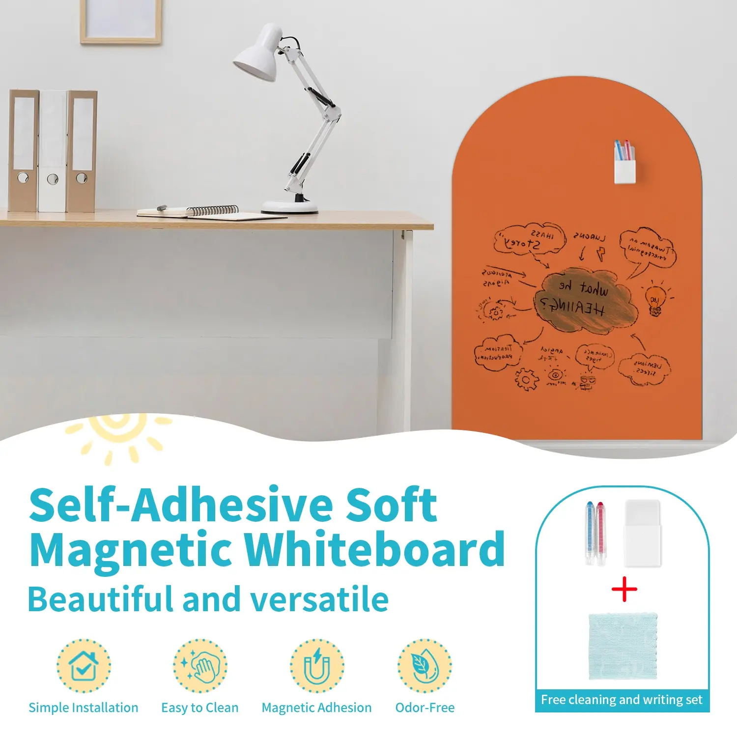 Self-Adhesive Soft Magnetic Whiteboard, Arched Design, Scratch-Free Surface, Excellent Magnetic Grip, Ideal for Kids' Spaces & Home Office Use, Portable Wipeable Board