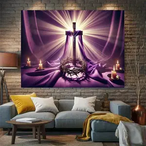 1PC,2D Flat Easter Cross Crown of Thorns Backdrop, Religious Festival Decoration Tapestry, Photography Live Event Scene Layout Curtain, Christian Faith Themed Background Wall Decor Cloth