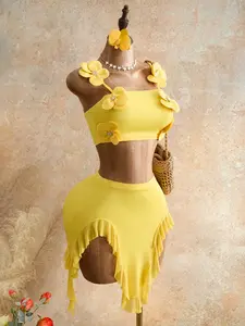 Summer New Lemon 3D Flower Decor Set, Slim-Fit Top + Asymmetrical Ruffle Split Skirt, Beach Party Sweet & Spicy