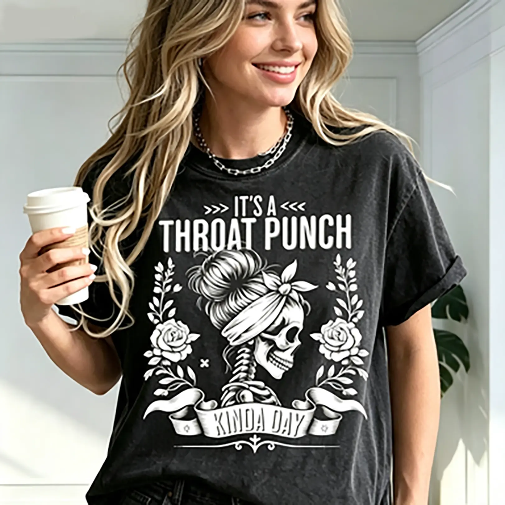 Men's Casual Cotton Round Neck Short-Sleeve T-Shirt - "It's a Throat Punch Kinda Day" Funny Sarcastic Skeleton Graphic, Comfortable Simple Top (Pair with Jeans), Shortsleeve, Soft