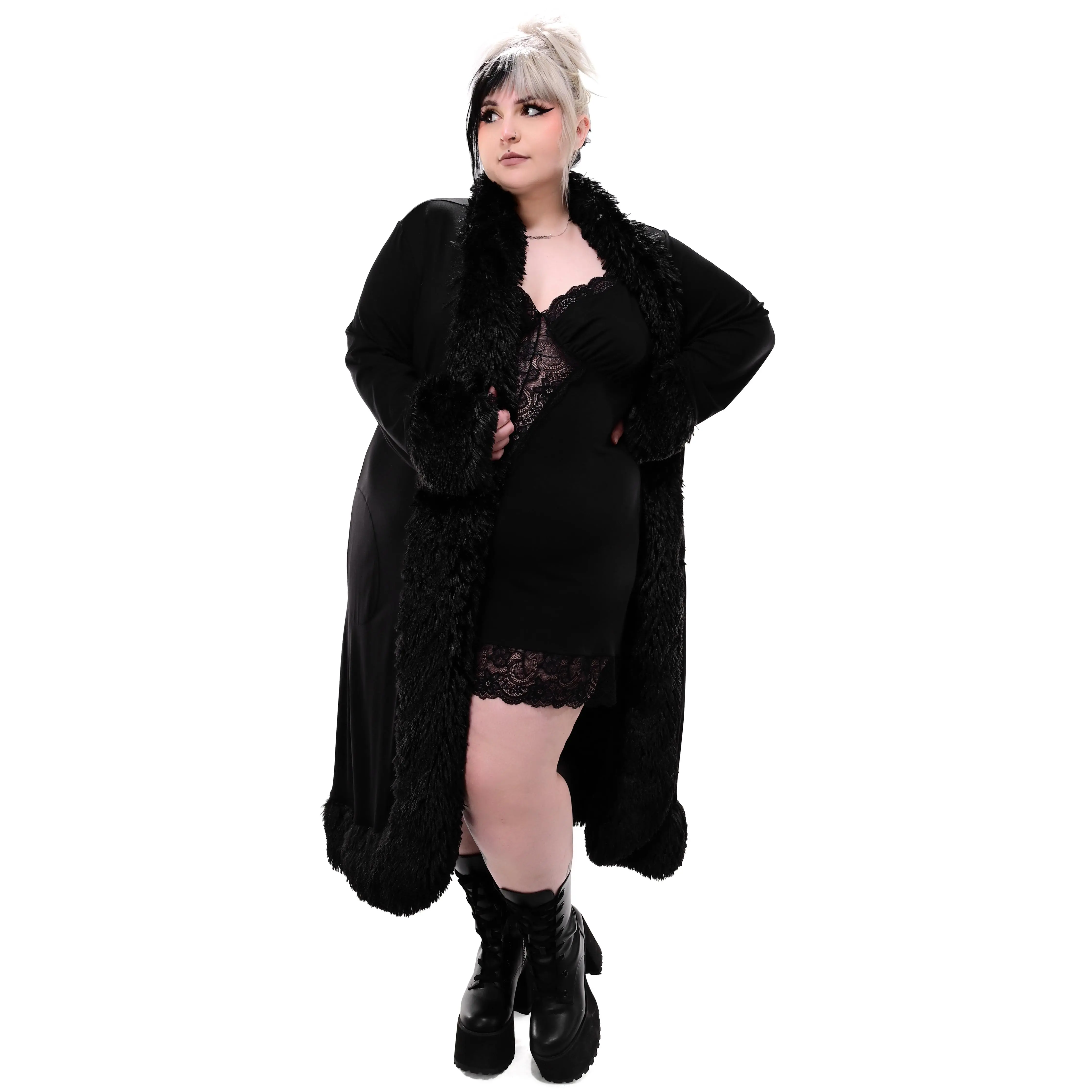 Nico Duster Black Jacket Light Weight Faux Fur Trim