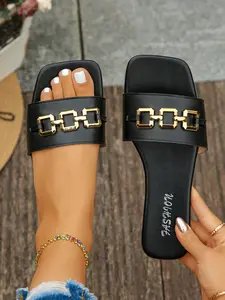 Women's Fashion Casual Flat Sandals and Slippers, Chain Design, Soft Leather Comfort, Daily Style, Perfect Gift Choice, Seasonal Wear