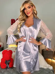 Women's Elegant Chic Blue- Silk Sleeprobe, Thin Satin Lace Sleeve, Plain Fitted Robe, Suitable for All Body Types and Ages