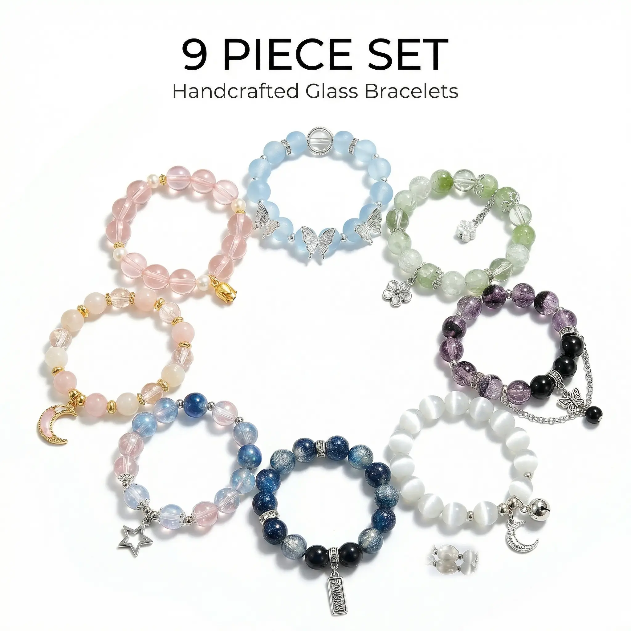 9 Pcs Glass Beaded Bracelets Set - Handcrafted Stackable Charm Bracelets for Women Girls | Adjustable 7" Elastic Stretch | Y2K Aesthetic Jewelry Gift, Stackable Bracelets, Trendy Stack Bangle