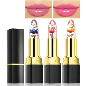 3Pcs Jelly Clear Crystal Flower Lipstick Set, Magic PH Temperature Color Changing Lipstick Lip Gloss, Natural Moisturizing Lip Balm Korean Labiales Magicos Lip Gloss Lip Tinted Stain Makeup
