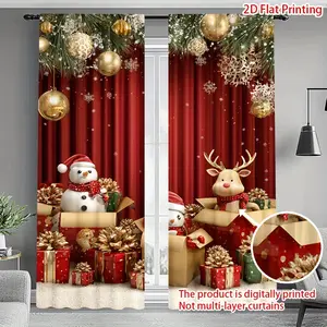 2-Piece set, Christmas cartoon Santa curtains, Window Curtain, Christmas snowman elk gift box pattern, Christmas ball decoration, translucent rod pocket design, elegant and stylish, suitable for dining, kitchen, bedroom, living room Christmas decoration