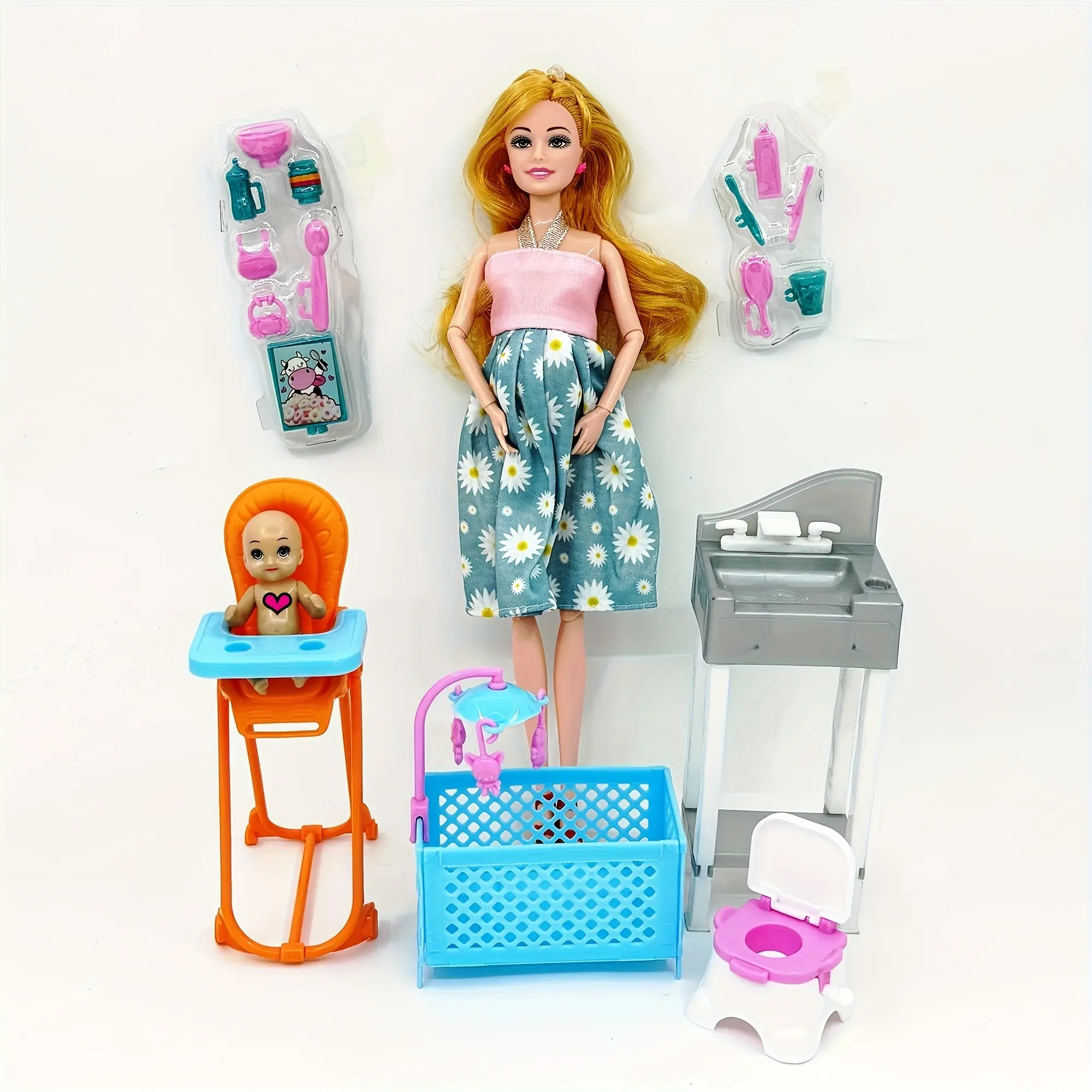 Pregnant 11.5in Doll Toy Set Including a Wash Basin, Toilet, Bed, Dining Chair, And Accessories for Role-Playing, Perfect for Educational Gifts And Birthdays.
